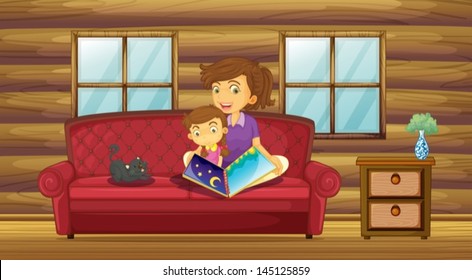 Illustration of a mother reading with her daughter at the sofa