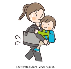 Ilustração de uma mãe correndo enquanto segura uma criança.