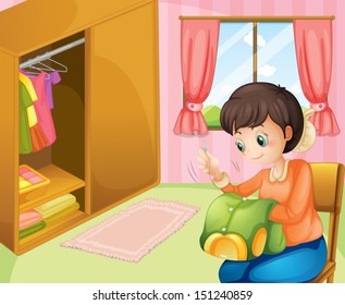Illustration of a mother sewing near the cabinet