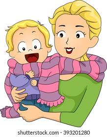 Illustration of a Mother Sharing a Scarf with Her Son