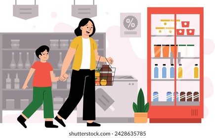 Illustration of a mother shopping at a grocery store with her son