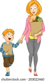 Illustration Of A Mother And Son Carrying Bags Of Groceries