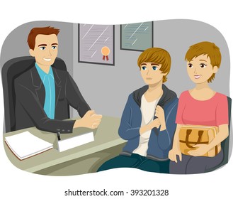 Illustration of a Mother and Son Listening to a Guidance Counselor