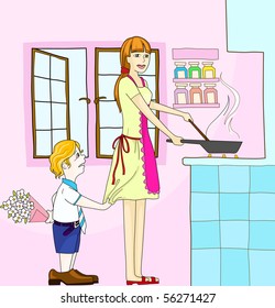 Illustration of mother & son on mom's birthday