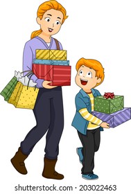 Illustration of a Mother and Son Shopping for Gifts