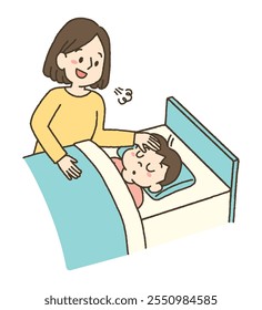 Illustration of mother taking care of fever child