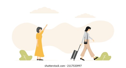 Illustration of a mother taking her daughter to college. 