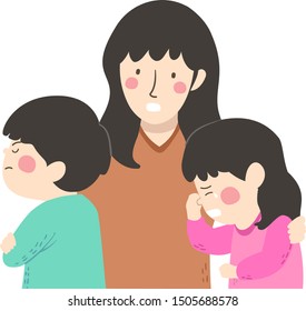 Illustration of a Mother Talking to Her Children Fighting, with Kid Girl Crying and Kid Boy Angry