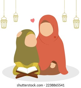 Illustration of a mother teaching her child to read the Koran