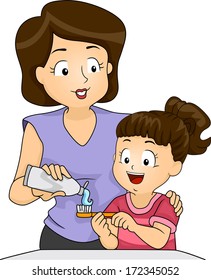 Illustration of a Mother Teaching Her Daughter How to Brush Her Teeth