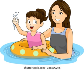 Ilustración de una madre enseñando a su hija a nadar