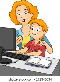 Illustration Of A Mother Teaching Her Son On The Computer