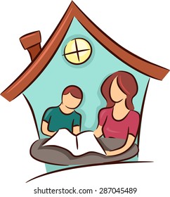 Illustration of a Mother Teaching Her Young Son at Home