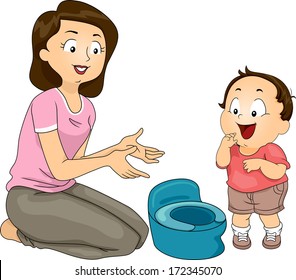 Illustration of a Mother Training Her Son to Use the Potty