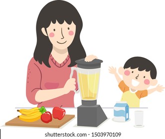 Illustration of a Mother Using Blender to Make Apple Banana Smoothie with Kid Boy Waiting for It