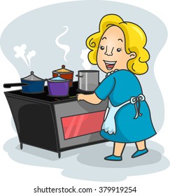 Illustration of a Mother Using an Induction Stove to Cook
