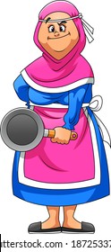 The illustration of the mother using the pink apron holding the pan naughty face