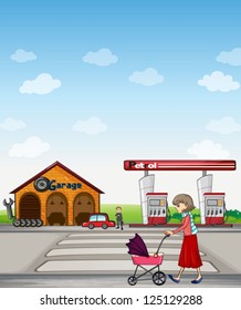 Illustration of a mother walking along a garage and gasoline station