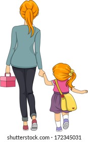 Illustration of a Mother Walking Her Daughter to School