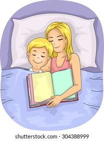 Illustration of a Mother Who Fell Asleep After Reading a Book to Her Son