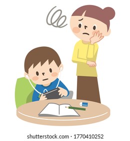 Illustration of a mother who is surprised by a child who plays games without doing homework