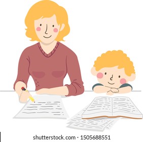 Illustration of a Mother Writing Down on Paper with Son Watching Her with Books on Table