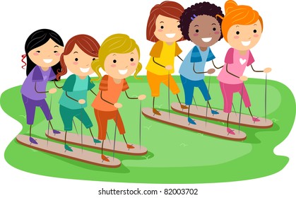 Illustration of Mothers and Daughters Playing Big Feet