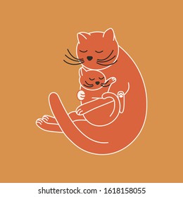 illustration for mother's day. cat sleeps with her kitten