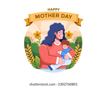 Illustration of a Mother's Day celebration featuring a mother embracing her children, surrounded by a backdrop of beautiful floral elements.
Perfect for greeting cards, social media posts, postcard