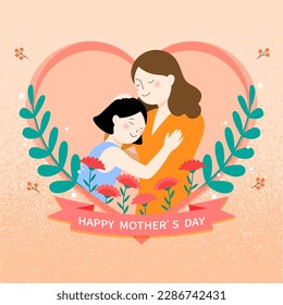 Illustration with mothers day design. Mother hugs her child showing good motherhood.