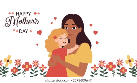 Illustration for Mother's Day featuring a mother hugging her daughter, celebrating the deep love, joy, and bond shared between mother and child, surrounded by colorful flowers