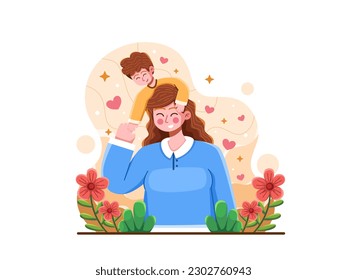 Illustration Mother's Day with A happy mother carrying her child on her shoulders, surrounded by colorful floral elements in the background.
Perfect for Mother's Day greeting cards, postcards, etc.