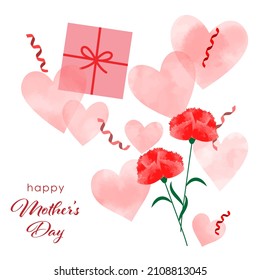 Illustration of Mother's Day with hearts, gift box and carnations (white background, vector, cut out)