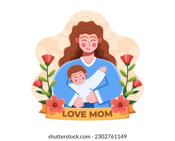 Illustration for Mother's Day with A mother joyfully embracing her child, surrounded by lovely floral elements.
Ideal for Mother's Day greeting cards, postcards, web, social media posts, etc.