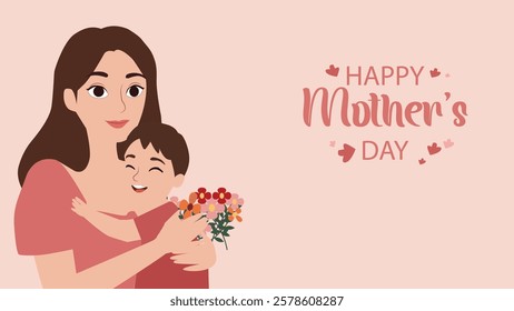 Illustration for Mother's Day showing a mother hugging her child while holding a bouquet of flowers, symbolizing love, warmth, and the special bond between mother and child