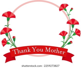 Illustration of Mother's Day title with red ribbon with carnations in a pink round line frame.