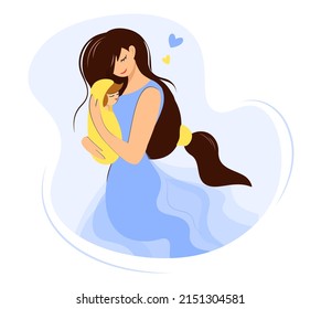 Illustration for mother's day or world breastfeeding day. Mom and child. A young loving mother hugs a newborn. Banner, postcard. The concept of motherhood, love, childcare. Flat vector design