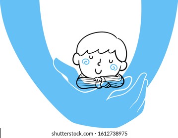 Illustration of a Mothers Hands Holding a Sleeping Kid Boy in Embrace