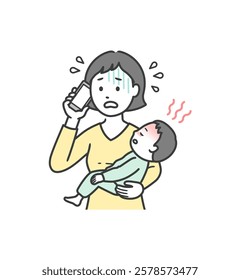 Illustration of a mother's upper body calling a medical institution in a panic, holding a child with a sudden fever