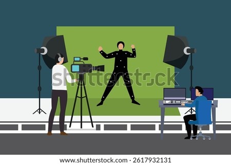 Illustration of a motion capture scene with a person in a black suit with white dots striking a pose in front of a green screen, a camera operator filming, and a computer operator monitoring the data