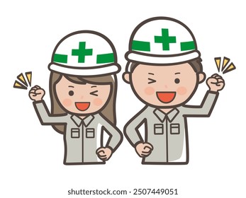 Illustration of motivated male and female construction workers with guts