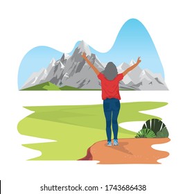 Illustration of motivation woman stood up and showed her hands on the top of the mountain happily. Vector flat illustration