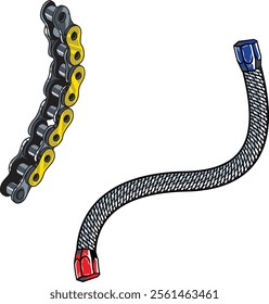 Illustration of a motorcycle chain and braided brake line, showcasing mechanical design and engineering. Perfect for automotive enthusiasts and those interested in vehicle components