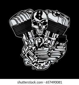 Illustration of motorcycle engine. Monochrome style