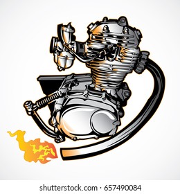 Illustration of motorcycle engine. Monochrome style