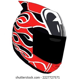 illustration of a motorcycle helmet with horns patterned with fire in red, black and white. isolated on white background.