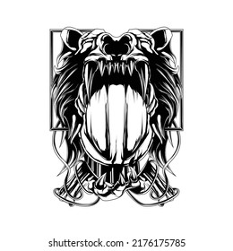 illustration of a motorcycle helmet with a wild animal theme, namely a long-toothed bear

