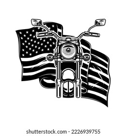 Illustration of motorcycle on us flag background. Design element for poster, card, banner, sign. Vector illustration