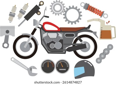 Illustration of a motorcycle and motorcycle parts