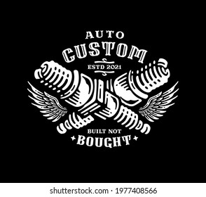 illustration of a motorcycle spark plug crossing with a wings logo emblem in vintage design